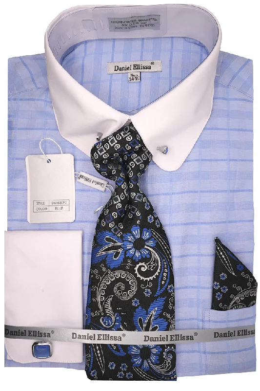 Blue Tone-on-tone Check Dress Shirt Set with Tie and Handkerchief Monochromatic All