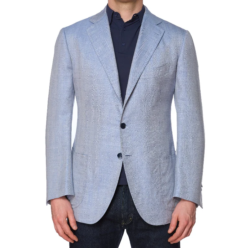 CESARE ATTOLINI Napoli Handmade Blue Herringbone Wool-Silk-Linen Jacket EU 52 US 42 Stylish Men's Tropical 