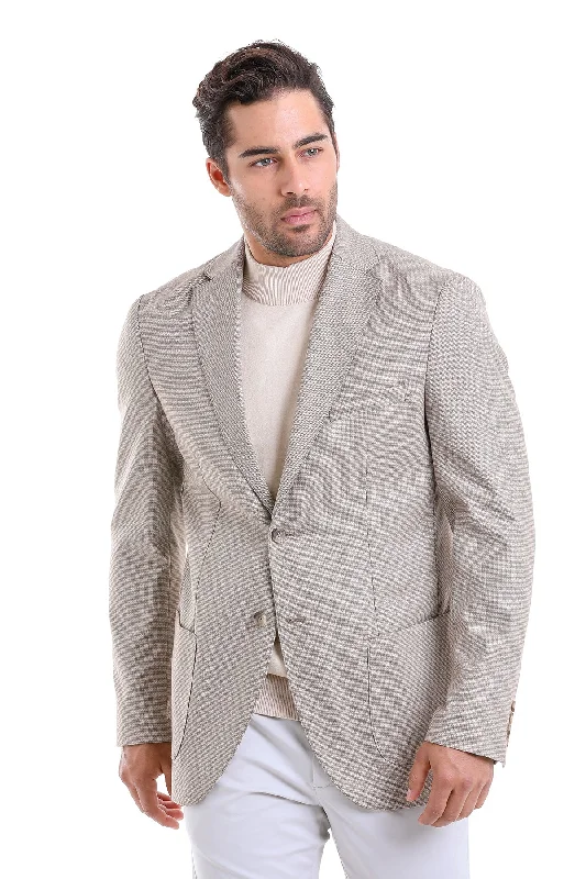 Slim Fit Notch Lapel Patterned Burgundy Casual Blazer, Light Brown D. Minimalist Men's Casual 