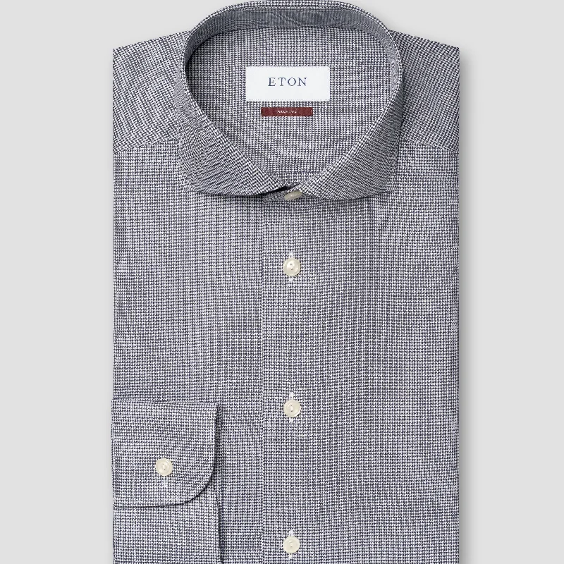 Navy Blue Houndstooth Cotton-Linen Contemporary Fit Shirt - ETON Beach