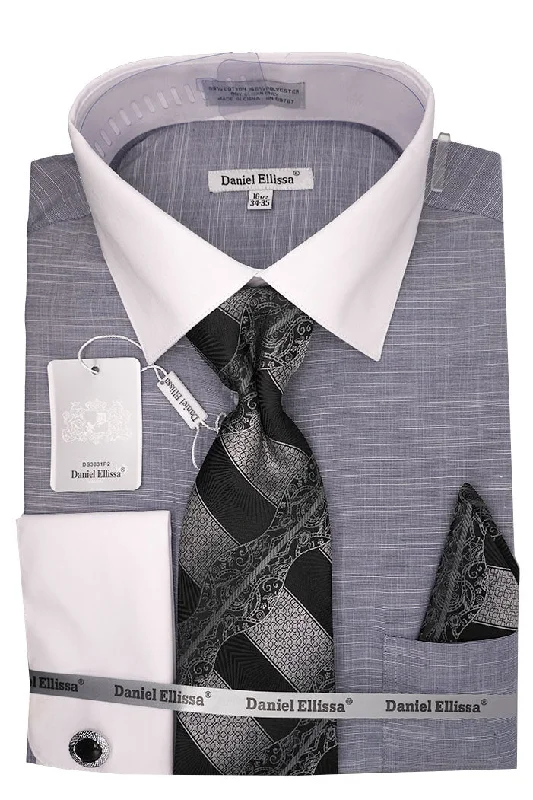 Black Dress Shirt Set with Tie and Handkerchief Casual Men's Short