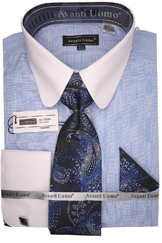 Blue Windowpane Dress Shirt Set with Tie and Handkerchief Relaxed Men's Beach