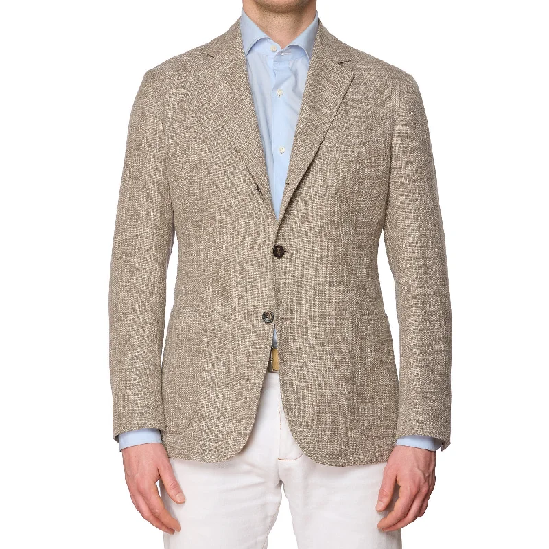 SARTORIO Brown Wool-Cotton-Silk-Linen Hopsack Half Lined Jacket EU 54 US 44 Slim Sporty Men's Athleisure 