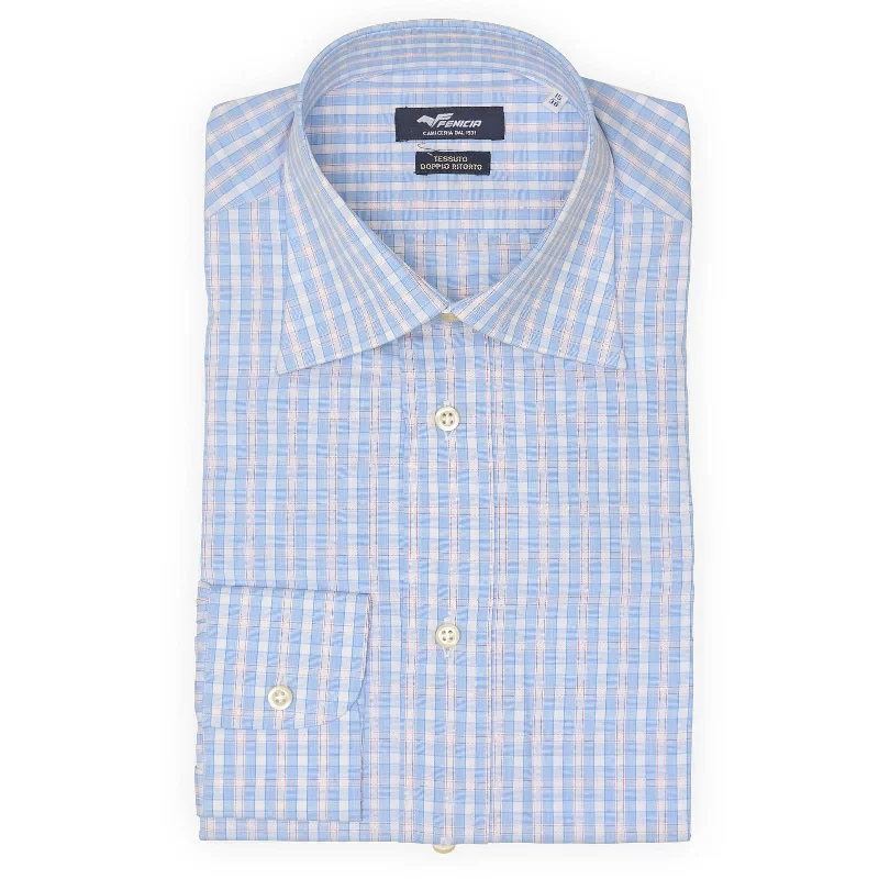 FENICIA Blue Plaid Poplin Cotton Dress Shirt EU 38 NEW US 15 Confident Men's High