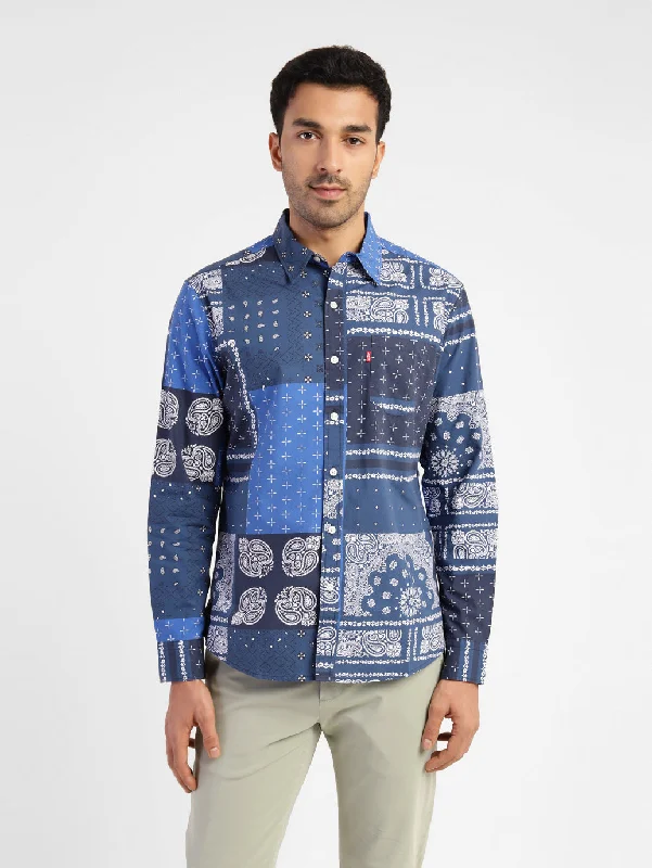 Men's Ethnic Motifs Slim Fit Shirt Blue Monochromatic All