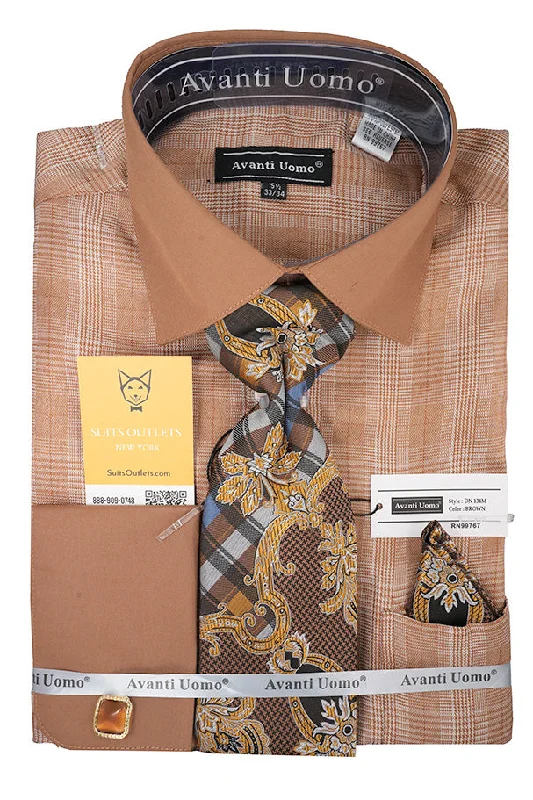 Brown Plaid French Cuff Dress Shirt Set with Cuff Links, Tie and Pocket Square Sporty Men's Athleisure 