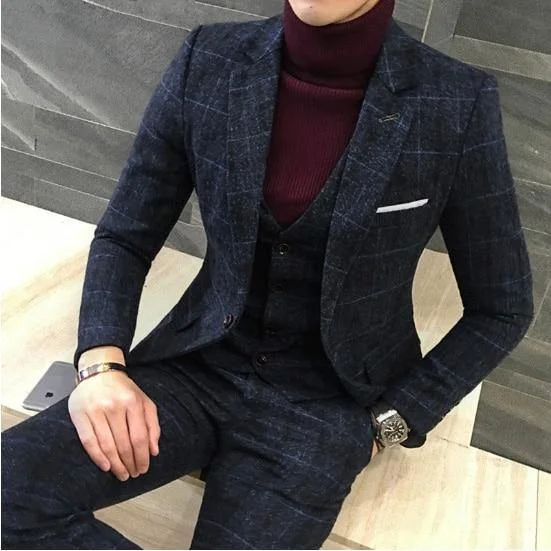 3 Pieces Suits Men British Style Designs Slim Fit Plaid Dress Tuxedo Dynamic Men's Glow