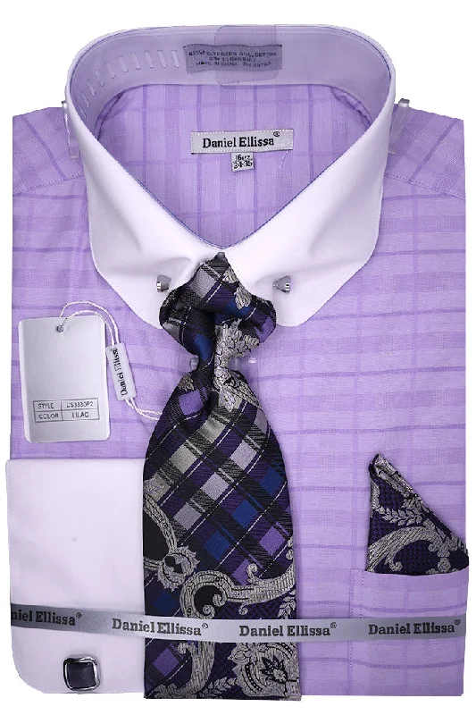 Lilac Tone-on-tone Check Dress Shirt Set with Tie and Handkerchief Elegant Men's Cashmere