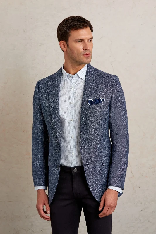 Slim Fit Notch Lapel Patterned Beige Casual Blazer, Navy D. Monochromatic Office Style