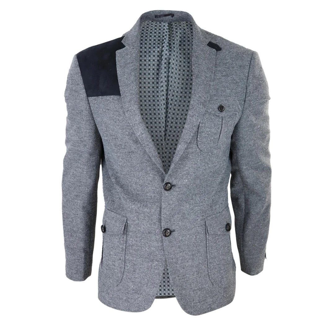 Men's Wool Tweed Jacket Hunting Blazer Elbow Patch Grey Races Gym