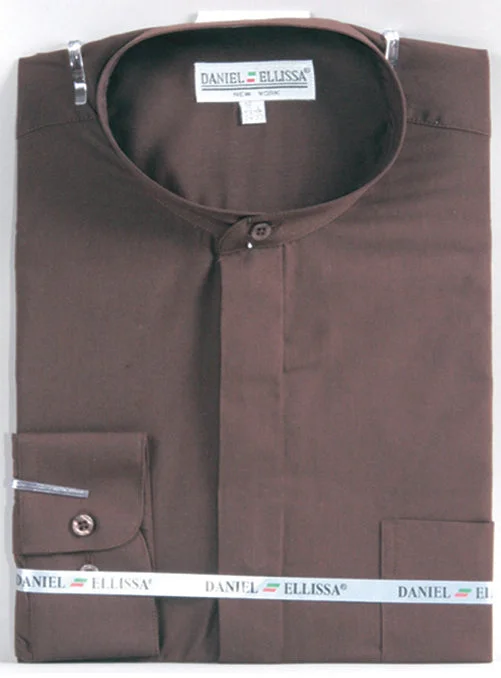 Basic Banded Collar Convertible Cuff Dress Shirt in Dark Brown Sophisticated Men's 