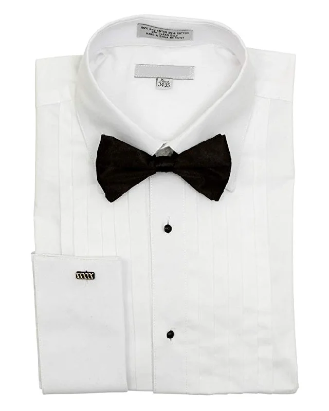 White Regular Fit Pointed Collar Half-Inch Pleated Tuxedo Shirt with Bow Tie Adventure