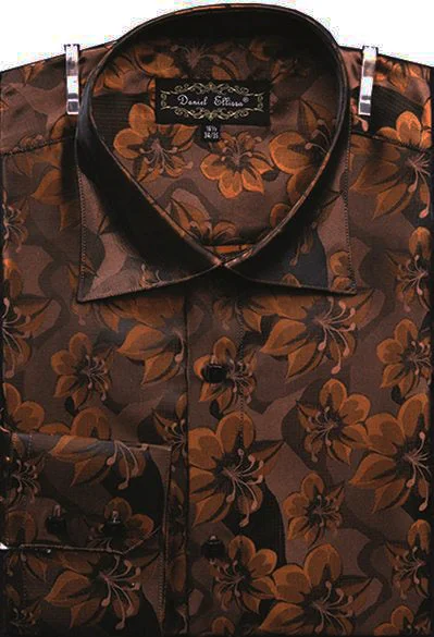 Dress Shirt Regular Fit Floral Design In Brown Sophisticated Men's French