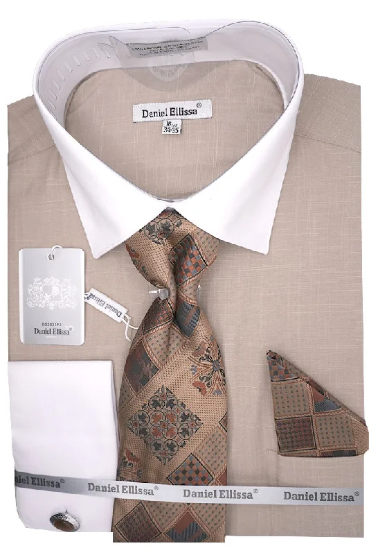 Beige Dress Shirt Set with Tie and Handkerchief Minimalist Men's Casual 