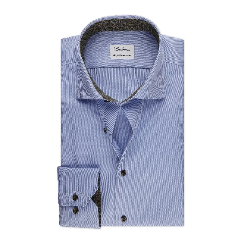 Blue w/ Contrast Textured Twill Fitted Body Shirt - Stenströms Sharp Men's Italian