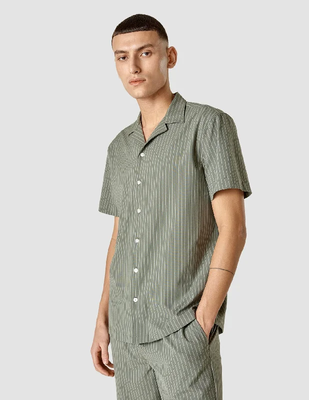 Tech Linen Bowling Short Sleeve Shirt Green Pinstripe Sharp Men's Italian