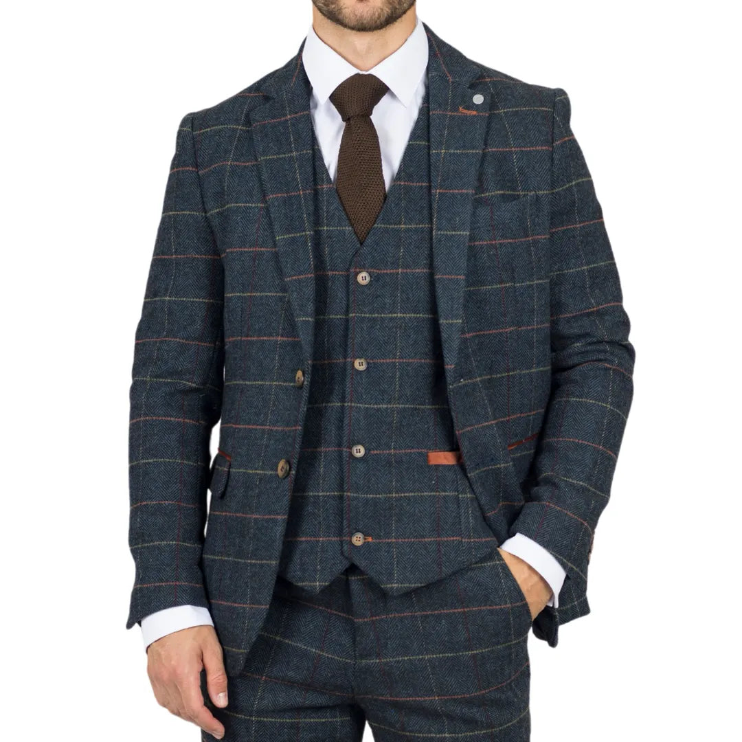 Archer - Men's Navy Checked Herringbone Tweed Blazer Elegant Men's Formal 