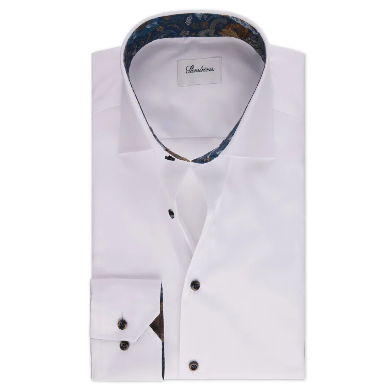 White w/ Brown & Blue Contrast Twill Slimline Shirt - Stenströms Practical Men's Quick