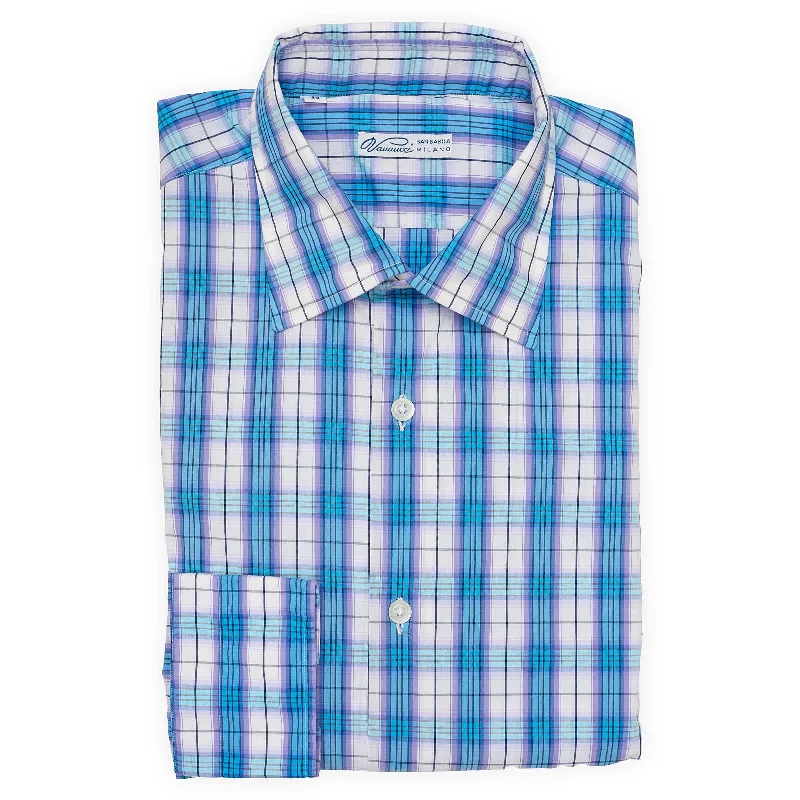 VANNUCCI Milano Multicolor Plaid Poplin Stretch Casual Shirt NEW Polished Men's Silk