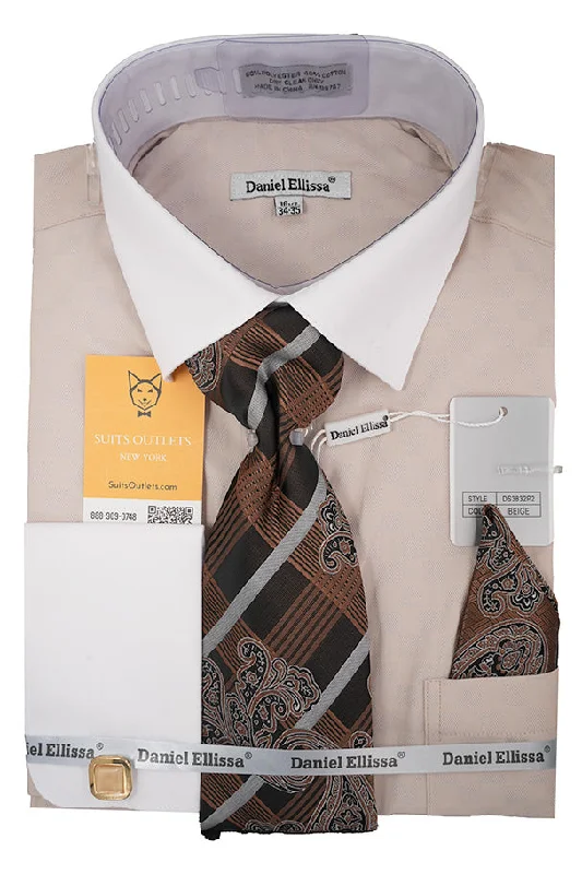 Beige White French Cuff Dress Shirt Set with Tie, Cuff Links and Pocket Square Cozy Men's Sherpa