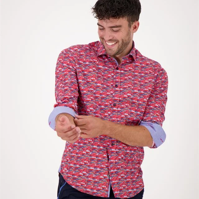 Fish Print Shirt - Ruby Red Practical Men's Quick