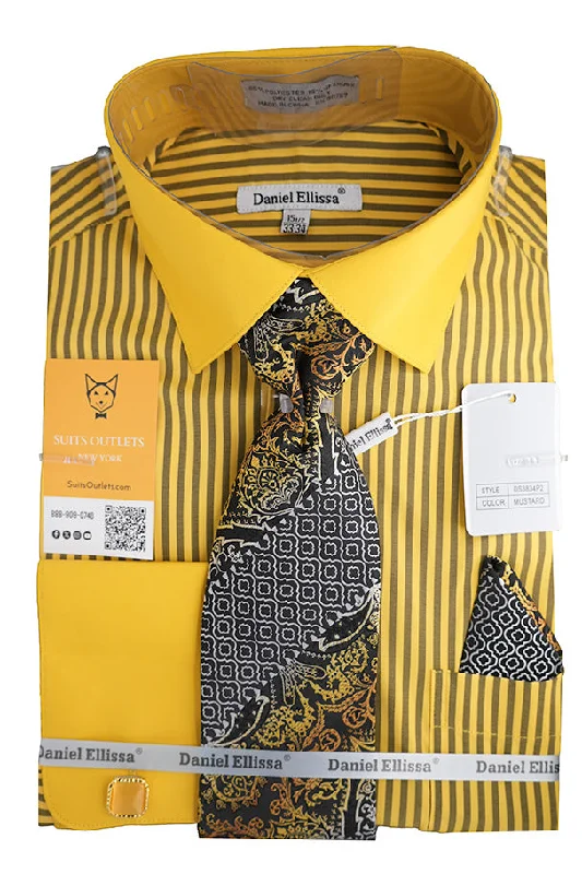 Mustard Black Bold Stripe French Cuff Dress Shirt with Tie, Cuff Links and Pocket Square Refined Men's European