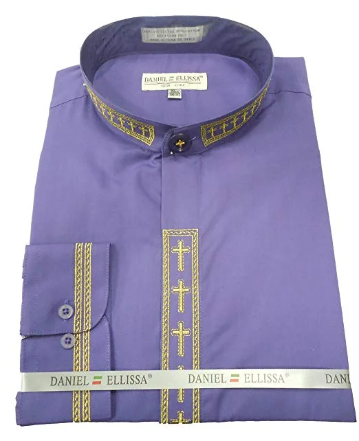 Men's Banded Collar Embroidered Convertible Cuff Shirt in Purple/Gold Adventure