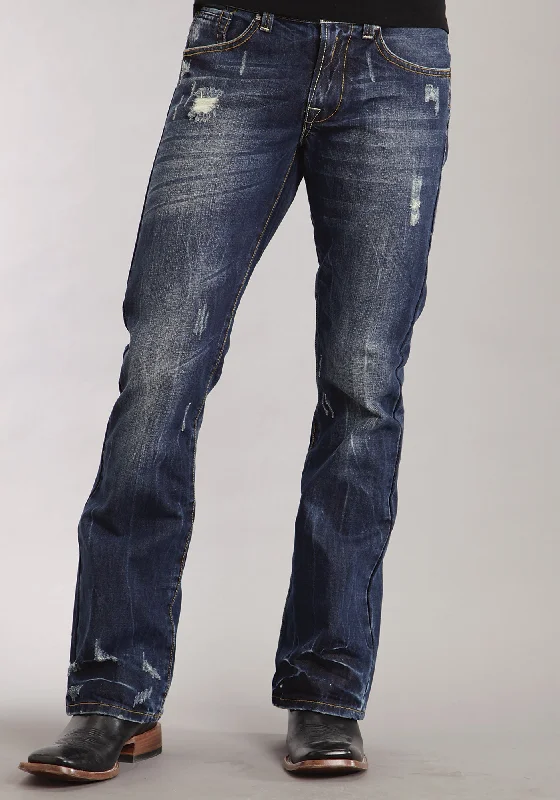 Mens Stetson Blue Cotton Blend Destruction Dark Wash Bootcut Rocks Jeans Hip Men's Urban