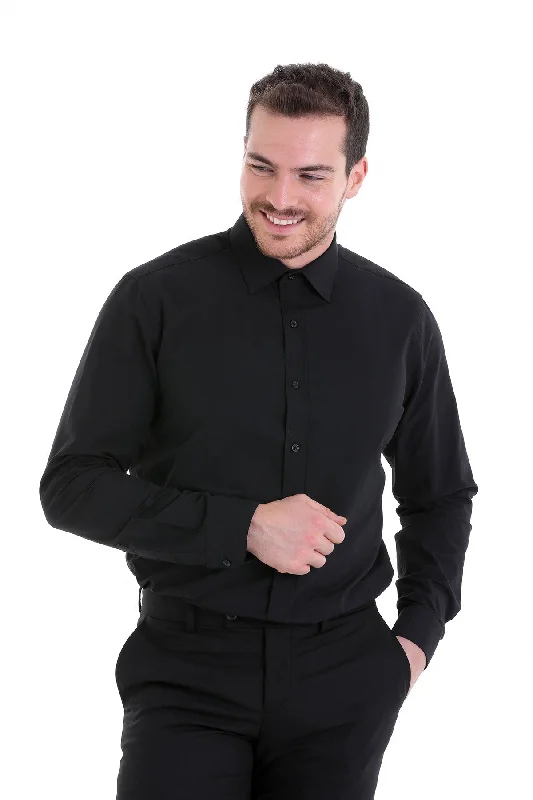 Comfort Fit Plain Long Sleeve Cotton Blend Black Dress Shirt Refined Men's Velvet