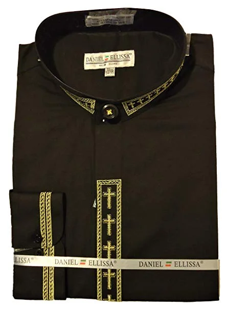 Men's Banded Collar Embroidered Convertible Cuff Shirt in Black/Gold Artistic Men's Avant