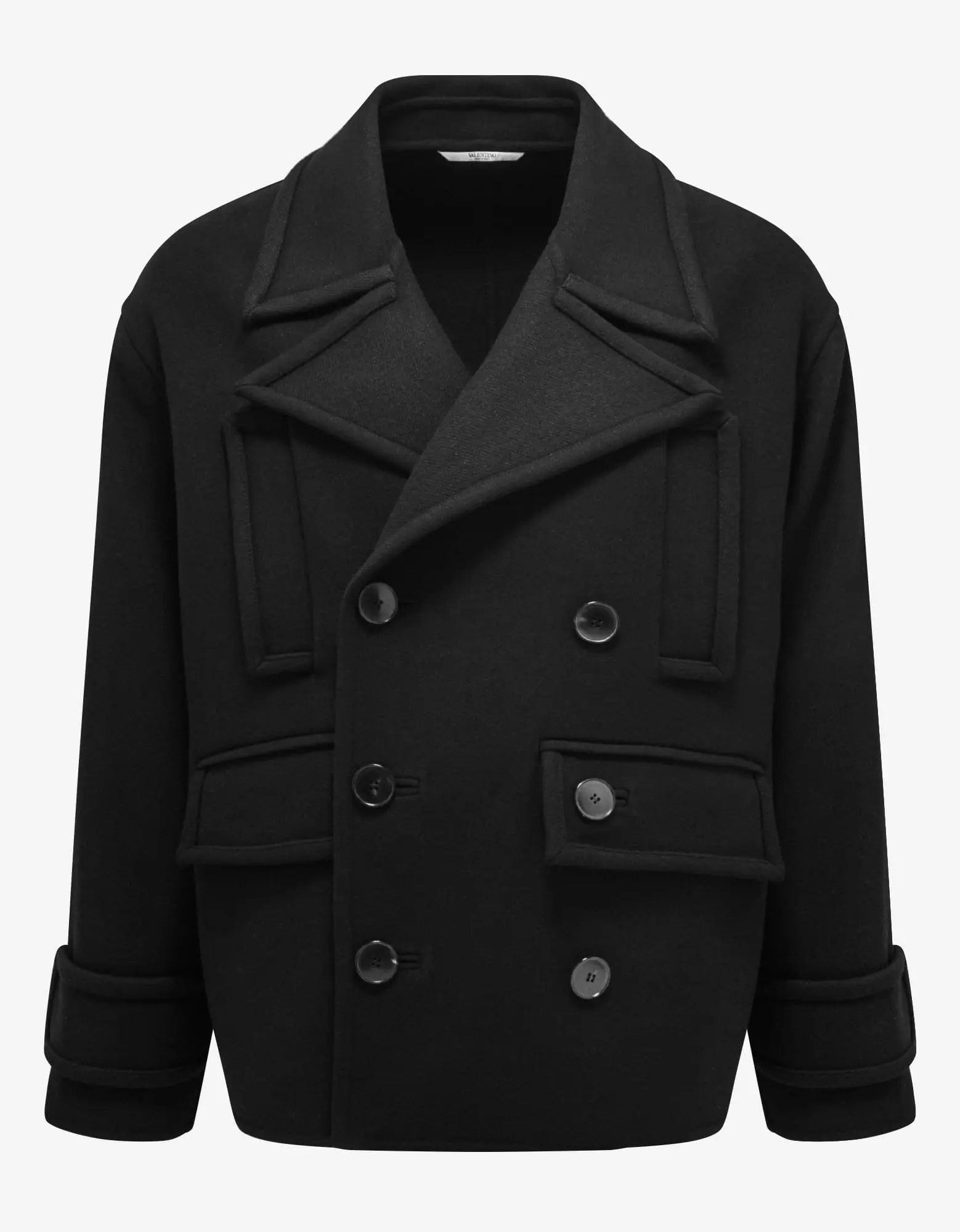 Valentino Garavani Black Double-Breasted Wool Pea Coat Bold Men's Statement