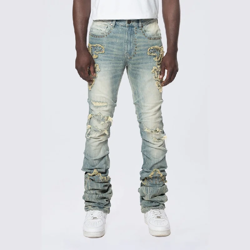 Lazy Stacked Western Studded Jeans - Milky Blue Edgy Men's Punk