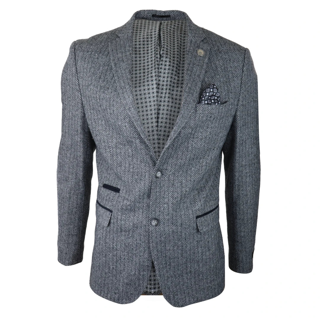 Men's Light Grey Black Blazer Jacket Tweed Suit Herringbone Wool 1920s Youthful Men's Pop