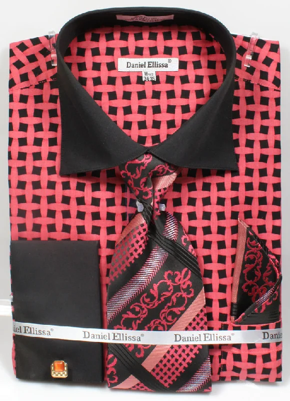 French Cuff Checker Pattern Cotton Shirt in Black/Coral Sharp Men's Italian