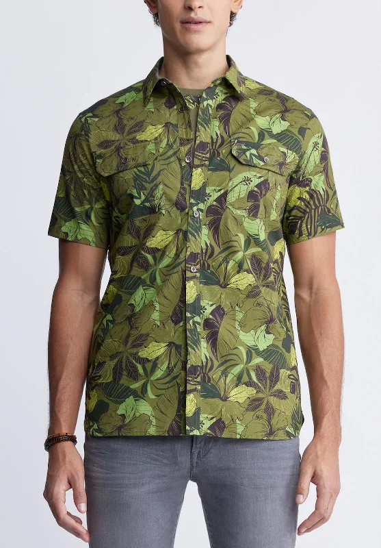 Sayool Men’s Short-Sleeve Printed Shirt in Sphagnum Green - BM24282 Traditional Men's Wool