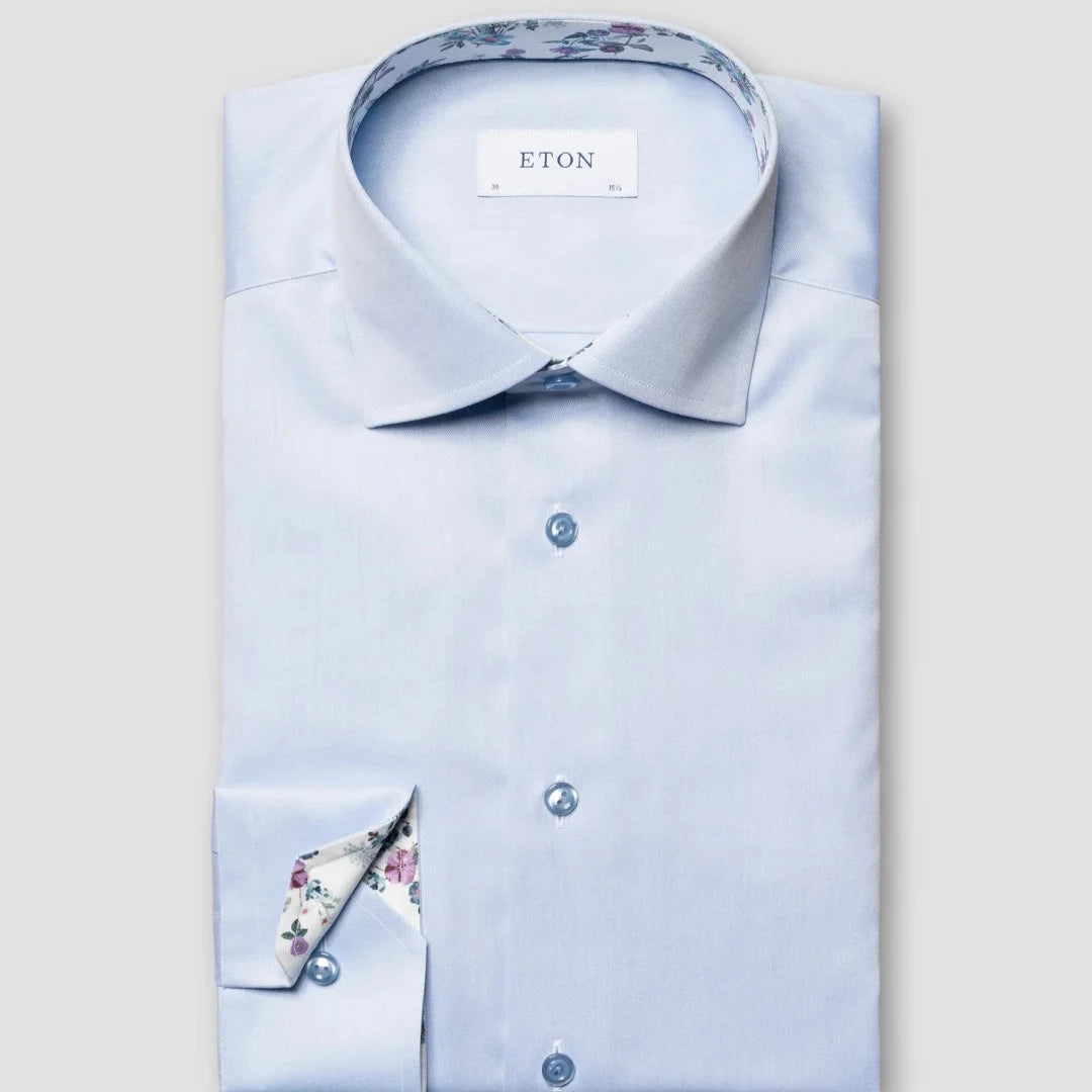 Light Blue Floral Print Trim Signature Twill Contemporary Fit Shirt - ETON Modern Men's 