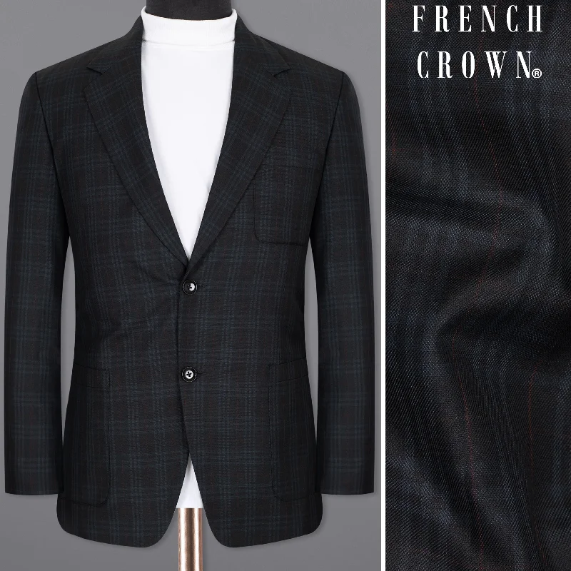 Shark Black Plaid Wool Rich Sports Blazer Polished Men's Satin