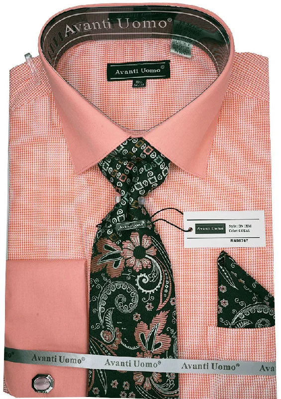 Coral French Cuff Mini-Houndstooth Dress Shirt Set with Tie and Handkerchief Modern Men's Geometric