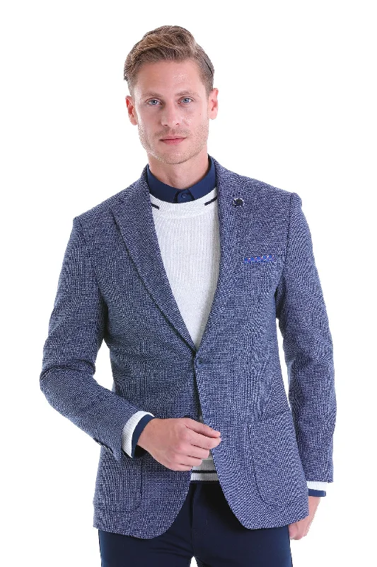 Slim Fit Notch Lapel Navy Houndstooth Casual Blazer Cool Men's Skate