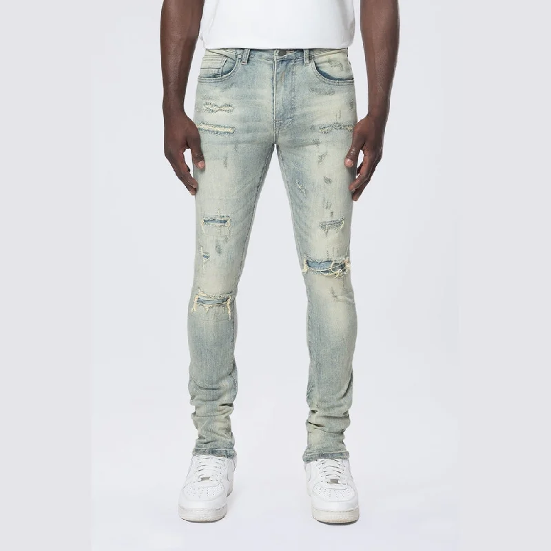 Super Skinny Distressed Rip and Repair Jeans - Industrial Blue Bold Men's Statement