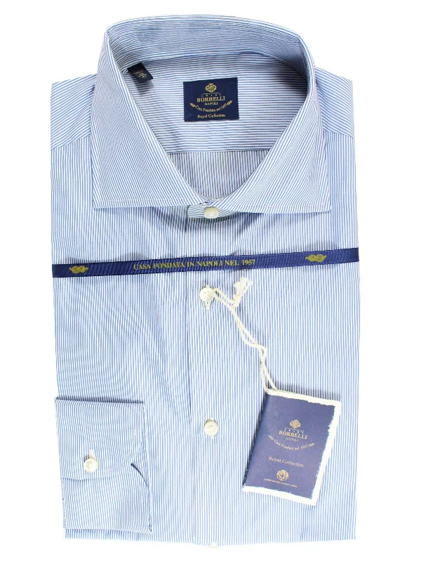 Luigi Borrelli Dress Shirt ROYAL COLLECTION White Navy Stripes 43 - 17 SALE Earthy Men's Hemp