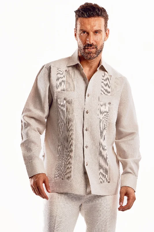 Mojito Men's Guayabera Shirt Chacabana with Single Stitch Embroidery Trim 100% Linen Long Sleeve Tough Men's Tactical