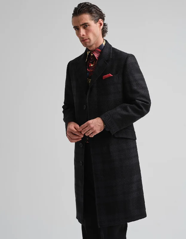 Tonal Black Tartan Covert Coat GOLD Confident Men's High