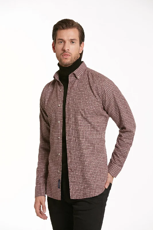 Regular Fit Plaid Cotton Blend Burgundy Dress Shirt Laid