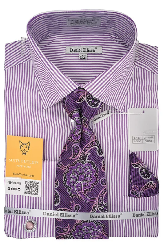 Purple White Bold Stripe French Cuff Dress Shirt with Tie, Cuff Links and Pocket Square Refined Men's Velvet