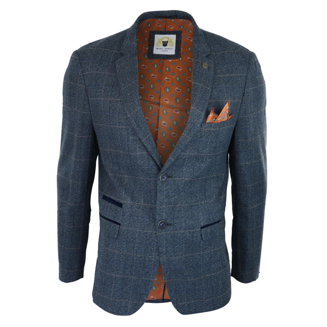 Mens Blue Check Blazer Herringbone Tweed Vintage Tailored Fit Grey Velvet Sleek Men's Contemporary 