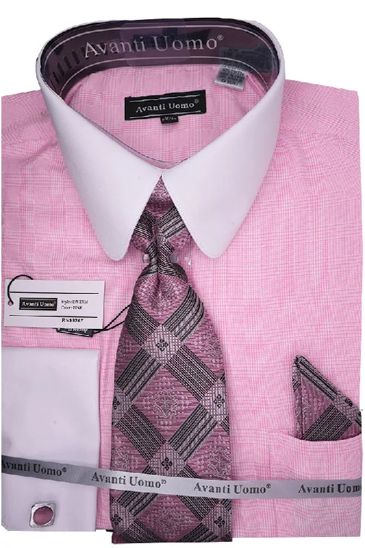 Pink Windowpane Dress Shirt Set with Tie and Handkerchief Refined Men's Hand