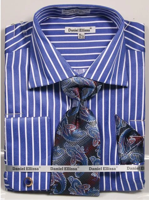 French Cuff Regular Fit Shirt Set Bold Stripe Royal Blue with Tie, Cuff Links and Pocket Square Practical Men's Quick