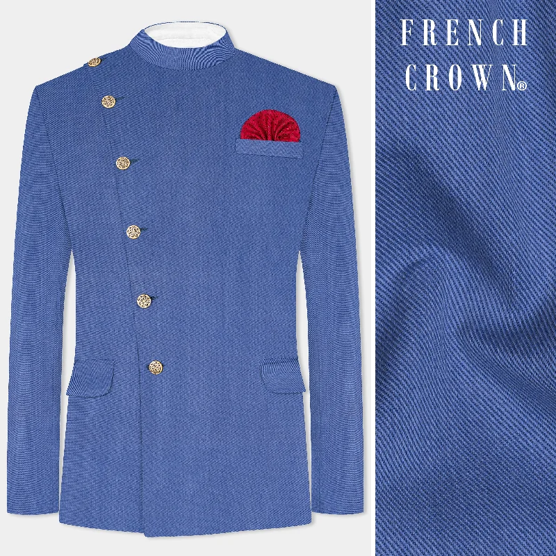 Twilight Blue Premium Cotton Cross Placket Bandhgala Blazer Traditional Men's Country