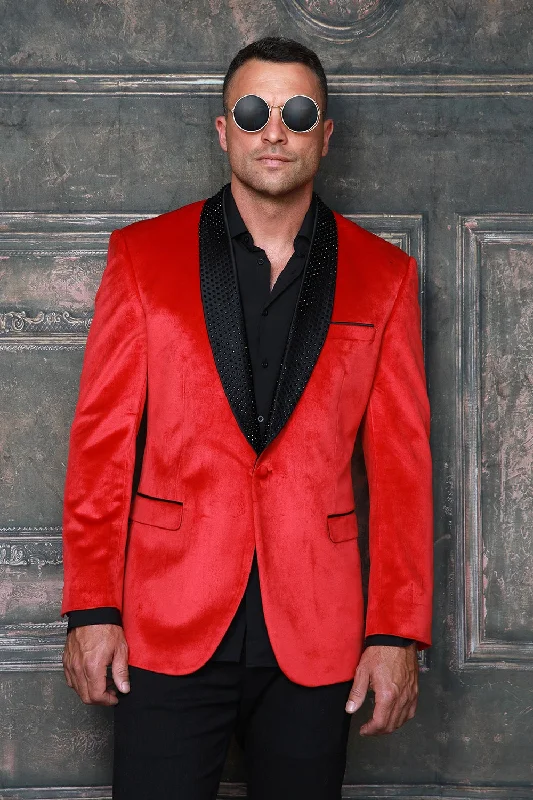 MZV-515 I MANZINI MODERN FIT VELEVET BLAZER WITH STONE I RED-BLACK Earthy Men's Sustainable 